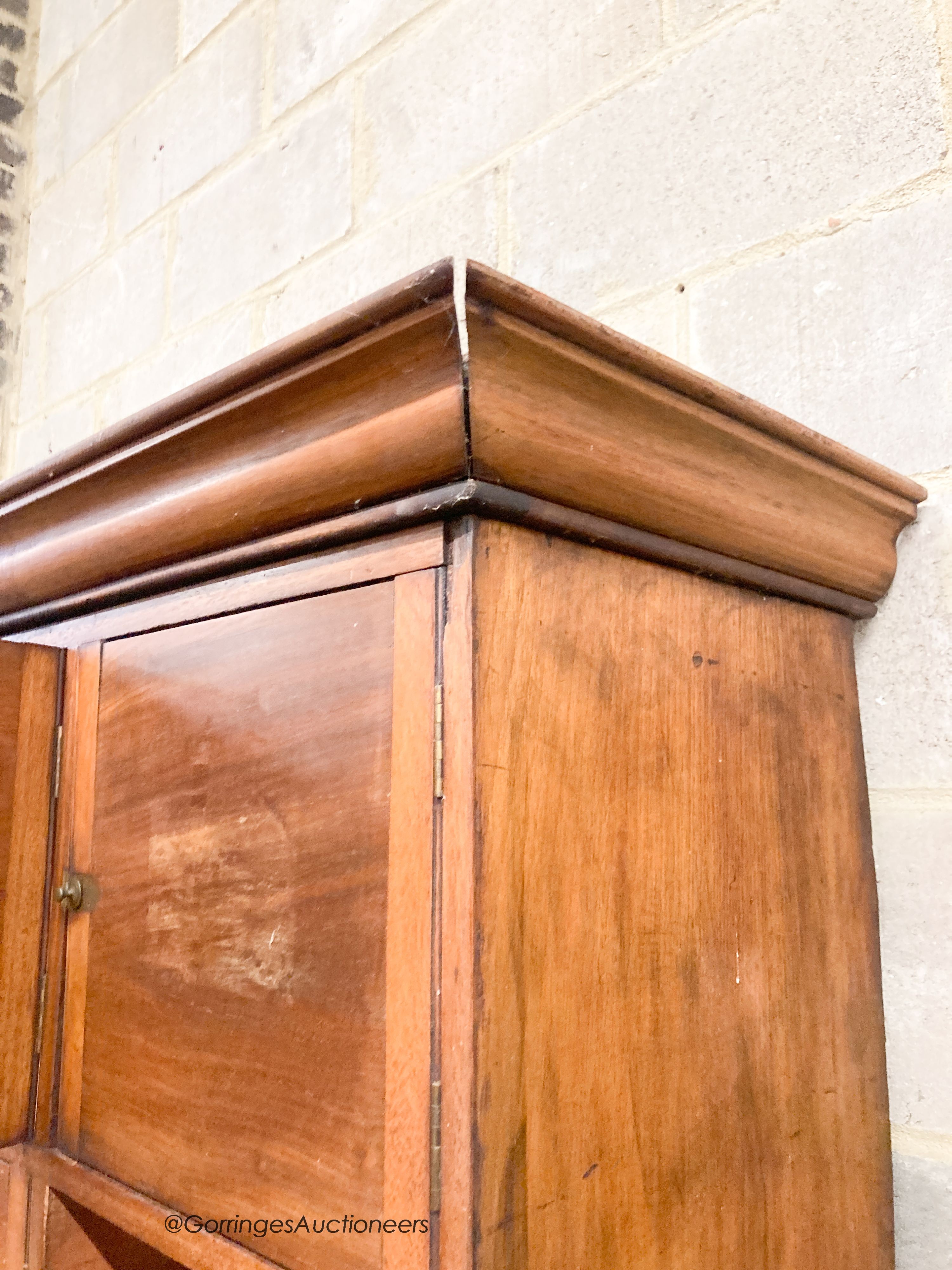 A 19th century mahogany stationery cupboard, width 130cm, depth 47cm, height 204cm